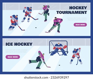 Set of website banner templates with hockey players flat style, vector illustration isolated on blue background. Decorative designs, tournament, ice hockey sport game, people in uniform