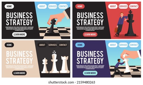 Set of website banners about business strategy flat style, vector illustration isolated on white background. Templates with chess pieces and people, concept. Place for text