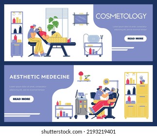 Set of website banners about cosmetology and aesthetic medicine flat style, vector illustration isolated on blue background. People making facial cosmetology procedures, place for text