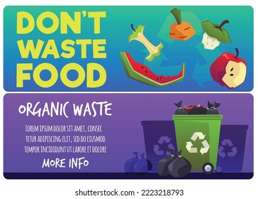 Set of website banners about food waste flat style, vector illustration isolated on white background. Modern design, place for text, organic waste. Garbage recycling
