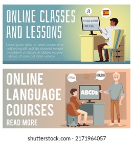Set of website banners about online language learning flat style, vector illustration isolated on white background. Online classes and lessons, people study at computer