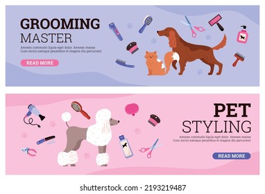 Set of website banners about pet grooming and styling service flat style, vector illustration isolated on white background. Dogs and cats care, tools for grooming master, place for text