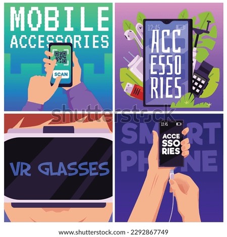 Set of website banners about smartphone accessories flat style, vector illustration isolated on white background. VR glasses, wireless headphones, connecting charger