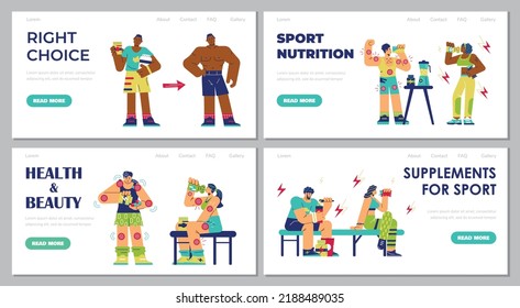 Set of website banners about sport supplements, athletic characters flat style, vector illustration isolated on gray background. Men and women, sport nutrition, health and beauty