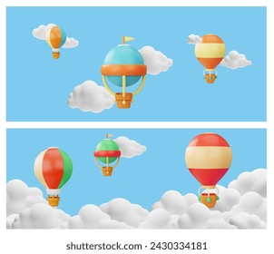 Set of website banners. with colorful hot air balloons flying among clouds 3D style, vector illustration isolated on white background. Decorative design elements, recreation and traveling