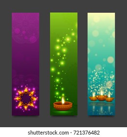 Juego de banderas de sitios web decoradas con elementos florales y lámparas de aceite para el Festival Diwali.