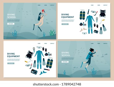 Conjunto de banners de la web para la escuela de buceo y tienda de equipos, ilustración plana vectorial. Formación y equipamiento para el submarinismo y el deporte acuático extremo.