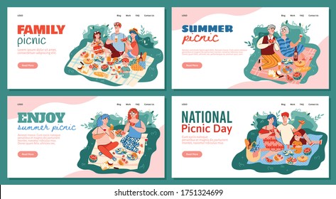 Set of website banners with family and friends having a picnic in park, flat vector illustration on white background. Landing pages for national picnic day.