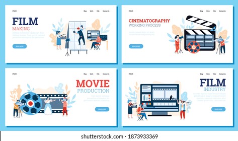 Set of website banners for filmmaking industry with professional filmmakers and cameraman, flat cartoon vector illustration. Movie production web pages bundle.