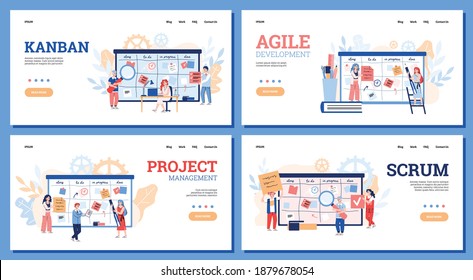 Conjunto de banners de sitios web para escrúpulos, tecnología de métodos ágiles y kanban de desarrollo y gestión de flujos de trabajo, ilustración de vectores de dibujos animados. Metodología comercial para el proyecto.