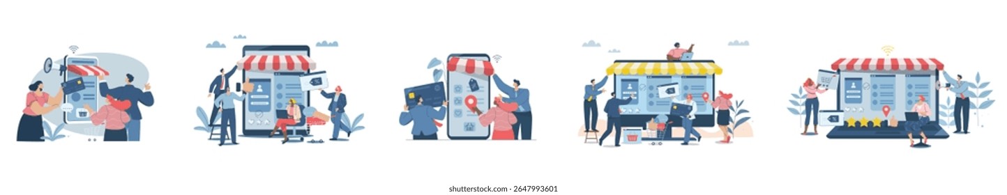 Set of website building and web design concepts, Creating online shopping store concepts, Business team is working on developing web design for laptops and smartphones. Flat vector design.