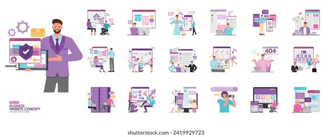 Set of Website concept. Includes internet, connection, SEO, security, server, interactive, error page, e- commerce, development illustration. Office man and woman character vector design. 