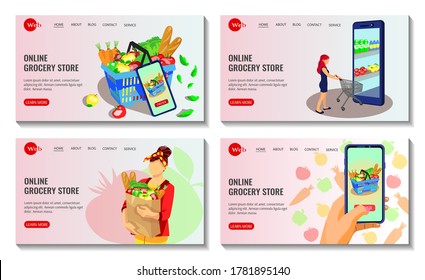 Conjunto de diseño de sitios web para tienda de comestibles en línea. Tienda de comestibles, supermercado, entrega de comida, concepto de compras en línea. Ilustración vectorial. 