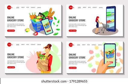 Set of website design for online grocery store. Grocery store, supermarket, food delivery, online shopping concept. Vector illustration. 