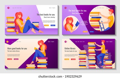 Conjunto de diseño de sitios web para aprendizaje en línea, biblioteca, tienda de libros. Hombre en la escalera, mujer está leyendo. Ilustración vectorial para afiches, banner, desarrollo de sitios web.