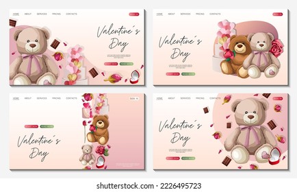 Conjunto de plantillas de diseño de sitios web. Feliz Día de San Valentín, tienda, concepto web. Osos de peluche, regalos, rosas, chocolates aislados en rosa. Ilustración vectorial para afiches, banner, sitio web, publicidad