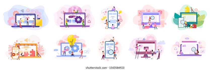Set of website development banner. Web page programming and making responsive interface on computer. Vector illustration in cartoon style