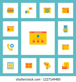 Set of website development icons flat style symbols with website, branding, social engagement icons for your web mobile app logo design.