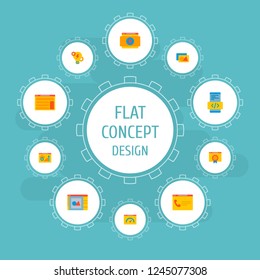 Set of website development icons flat style symbols with design software, website optimization, mobile app coding and other icons for your web mobile app logo design.