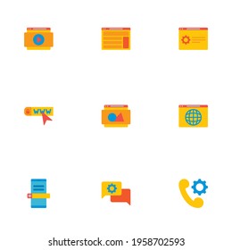 Set of website development icons flat style symbols with support page, website video, domain and other icons for your web mobile app logo design.