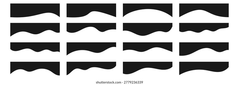 Set of website dividers, separators, curved-shape abstract design element vector illustrations. Header shape background for website design. Vector blue border for banner. Abstract divider for the bottom or frame of the template and web page presentation, wavy and curved separator vector illustration collection.