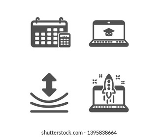 Set of Website education, Resilience and Calendar icons. Start business sign. Video learning, Elastic, Calculator device. Launch idea.  Classic design website education icon. Flat design. Vector