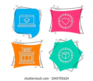 Set of Website education, Shop and Valentine target icons. Parcel tracking sign. Video learning, Store, Heart in aim. Box in target.  Flat geometric colored tags. Vivid banners. Trendy graphic design