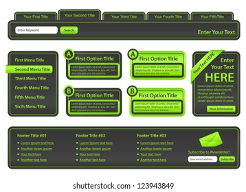 Set of website elements with top menu, side menu, banners and footer