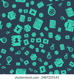 Set Website and envelope, Location and mail and e-mail, Address book and Chat messages notification on monitor on seamless pattern. Vector