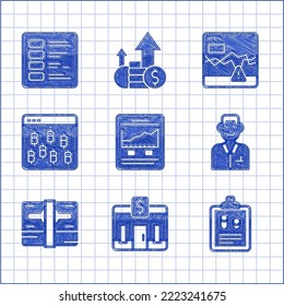 Set Website with growth graph, Bank building, Business finance report, Trader, Stacks paper money cash, Bitcoin browser, Failure stocks market and  icon. Vector