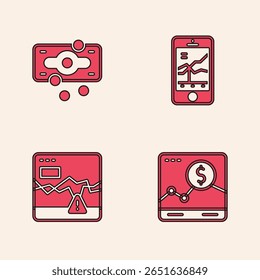 Set Website with growth graph, Stacks paper money cash, Mobile stock trading and Failure stocks market icon. Vector