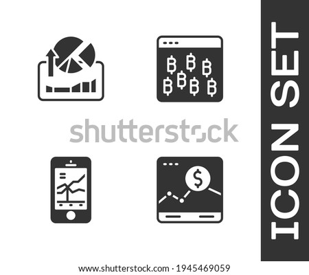 Set Website with growth graph, Stocks market graphs, Mobile stock trading and Bitcoin browser icon. Vector
