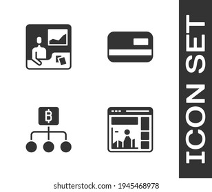 Establecer sitio web con gráfico de crecimiento, cursos de negociación, tecnología Blockchain Bitcoin e icono de tarjeta de crédito. Vector