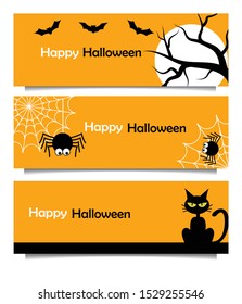 Set of website header or banner design for Happy Halloween with bats, spider, spider web and black cat