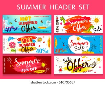 A Set of Website Headers or Banner design for Summer Offer, Discount, Sale etc. with colorful Line Art based background.