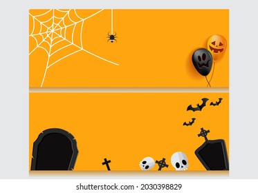 Set of Website Headers or Banner designs for Happy Halloween with spider, scary ballon, grave and bats, Web etc. EPS10 format.