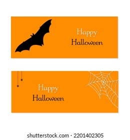 Set of website headers or banner designs for happy halloween with bats, web, etc.