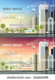set of website hero images in flat design style for web development purposes. Busy urban cityscape templates with modern buildings, roads, futuristic traffic and park trees. Day and night concepts.