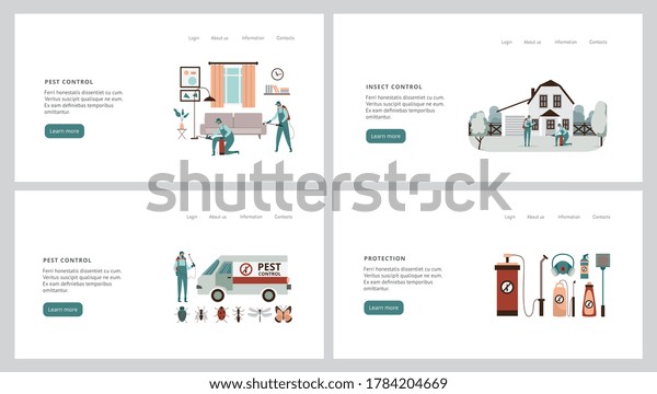Set of website\
interface banners for pest control services with working staff\
characters, flat vector illustration. Landing page for insects\
control commercial offer.
