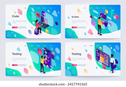 Set of website interface illustrations featuring characters engaging with code, scripts, and testing on a light background, vector illustration, creative concept of web development