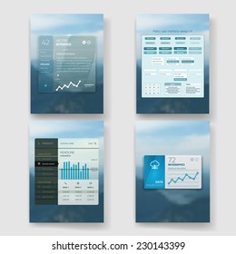 Set of website interface template design. Transparent user interface, UI buttons. Minimalistic widget card interface (UI, UX) template with line chart infographic. 