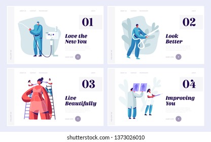 Set of Website Landing Page Templates for Beauty Medical or Plastic Surgery Clinic. Doctor and Patient Working Process, Beauty Medicine Industry Web Page. Cartoon Flat Vector Illustration, Banner