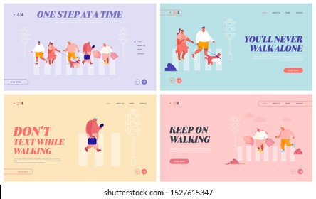 Set of Website Landing Pages with Pedestrians Walking on City Street, Crossing Road at Traffic Light, Businessman with Suitcase, Woman with Dog, Woman with Shopping Bags Web Page. Vector Illustration