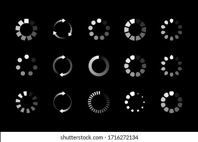 Set Of Website Loading Icon Isolated On Black Background. Circle Buffer Loader Or Preloader. Download Or Upload Status Icon. Vector Illustration