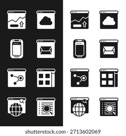 Website und E-Mail, Mobiltelefon, Zunahme des Finanzwachstums, Datentransfer mit Cloud-Technologie, Browserfenster, Dateien, Suchmaschine und Symbol. Vektorgrafik