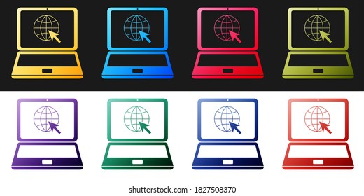 Stellen Sie die Website auf dem Bildschirm eines Notebooks ein Symbol einzeln auf schwarz-weißem Hintergrund ein. Laptop mit Globus und Cursor. Weltweites Web-Symbol. Vektorgrafik.
