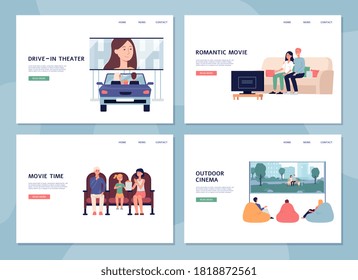Set of website page templates for in-drive cinema and movie theater, flat vector illustration. Landing page mockup with people watching movie at home or outdoors.