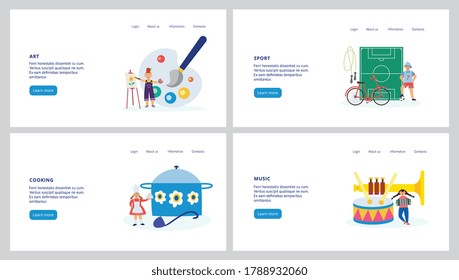 Set of website pages for children creative and hobby activity with children fond of sport, culinary and art, flat vector illustration. Kids art and sport classes.