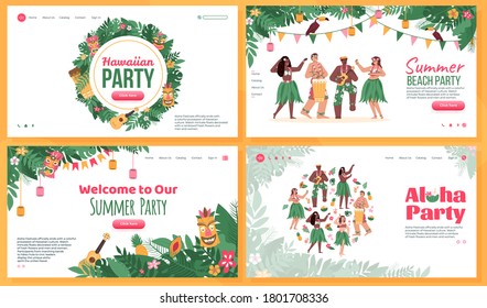 Set of website pages for dance and music beach party in Hawaiian style, flat cartoon vector illustration. Beach bar or tropical party landing page template.