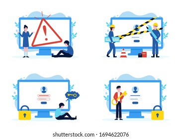 Set website pages, error 404 disconnect, construction and under maintenance, forgot password, enter password and enter. Flat vector modern illustration for banner, poster, app, template, layout, page.